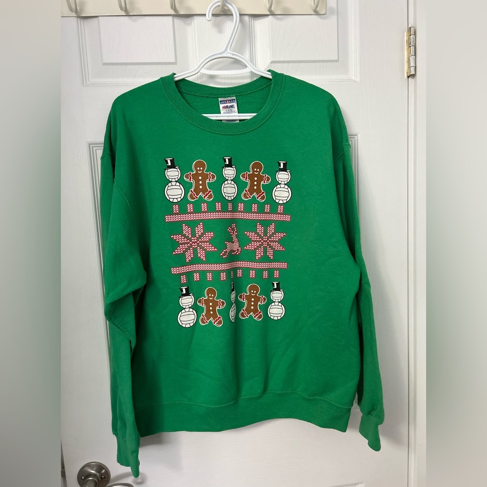 Jerzees Green Holiday Volleyball Sweater with Gingerbread & Snowman Print